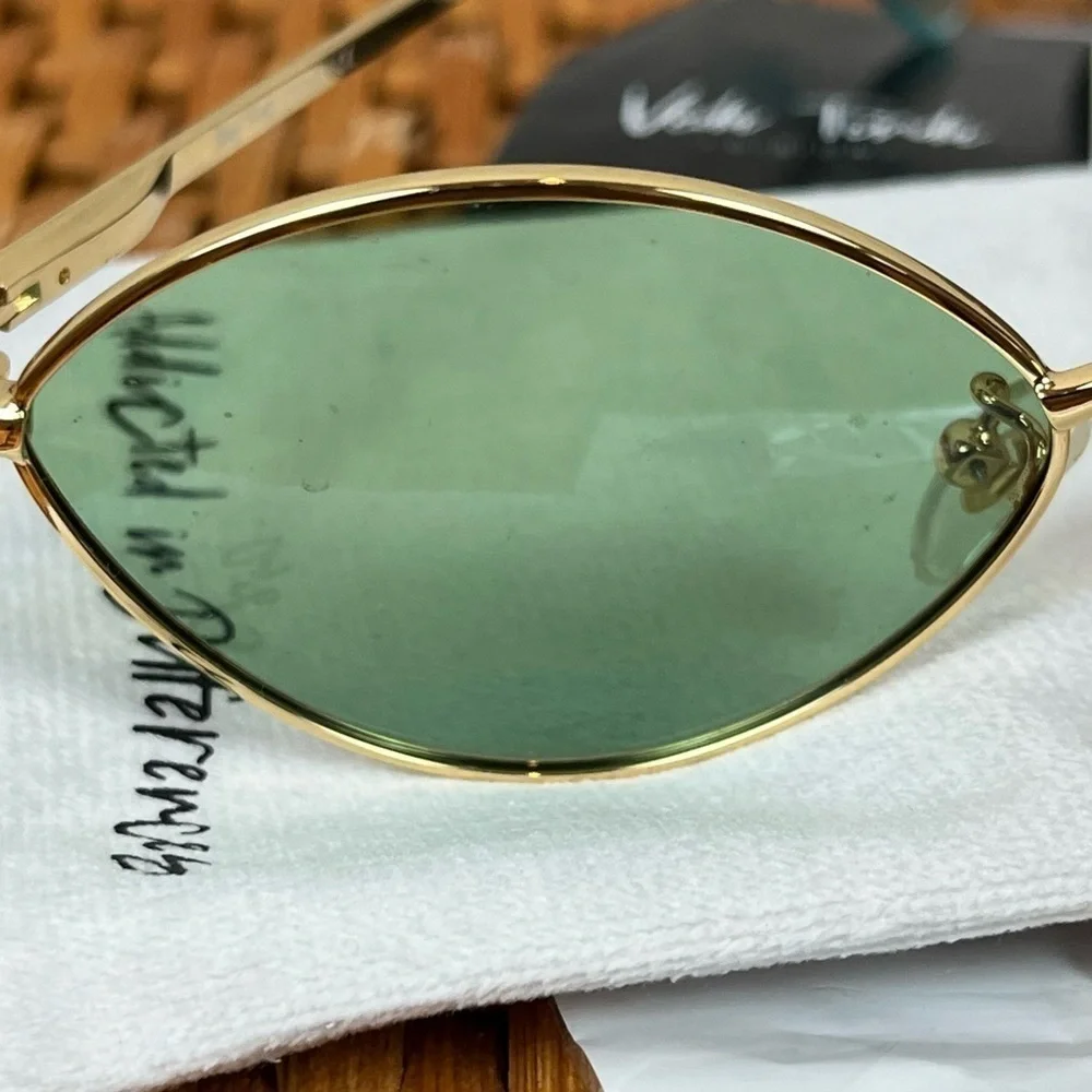 NWB VEDA TINDA Sunglasses, Case and Croakies Green Tint Gold Frames